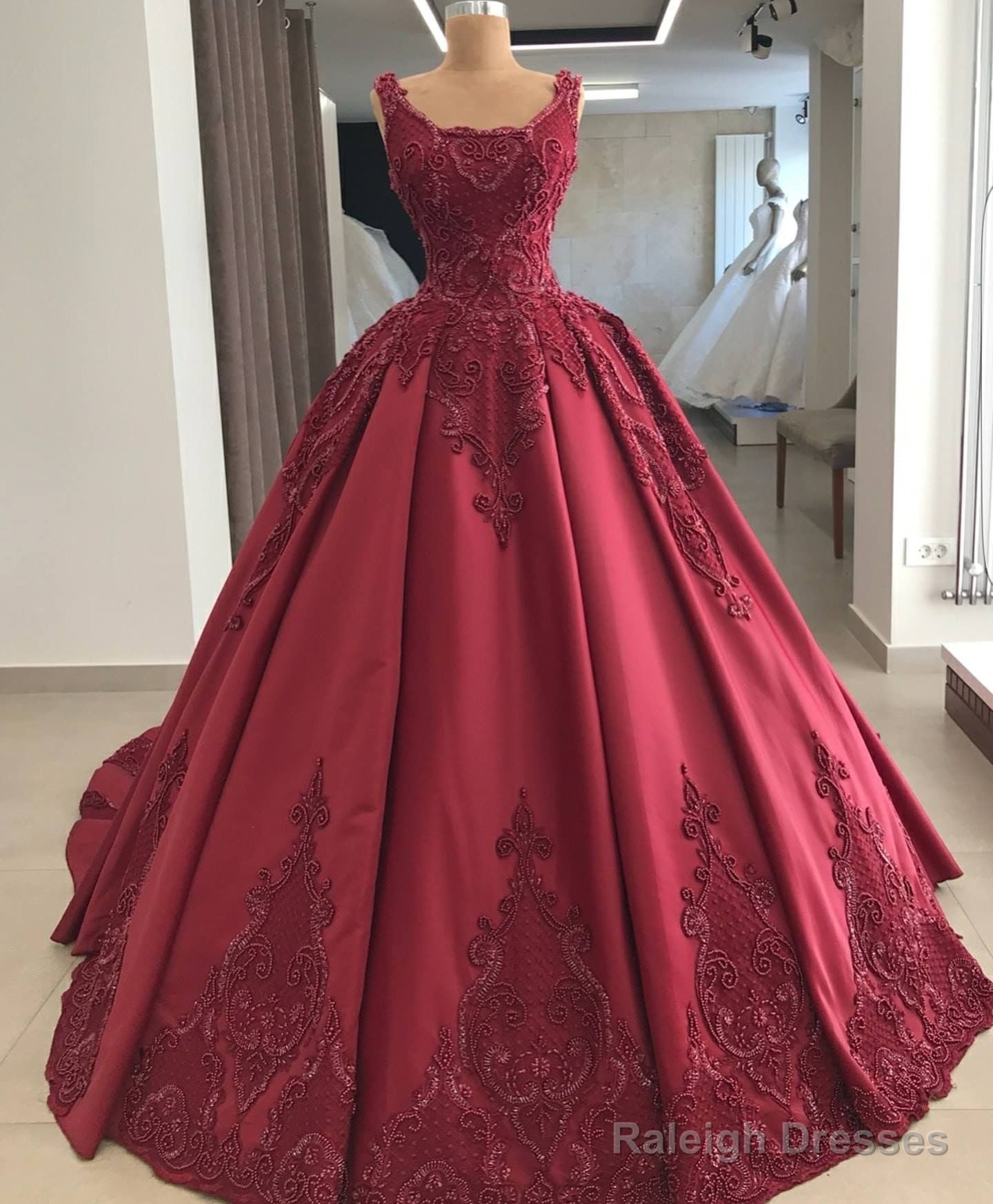 Elegant Burgundy Wedding Dress Lace Long Sleeves Ball Gown For Women Prom Dress, Evening Dress Main image