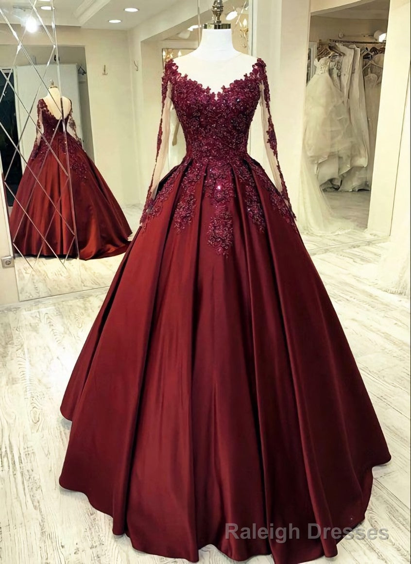 Elegant burgundy wedding dress lace long sleeves ball Gowns sheer neckline for women prom dress Main image