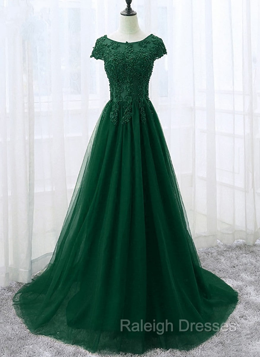 Elegant Cap Sleeve Lace Applique Tulle Party Dress, Prom Gowns Main image
