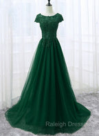 Elegant Cap Sleeve Lace Applique Tulle Party Dress, Prom Gowns