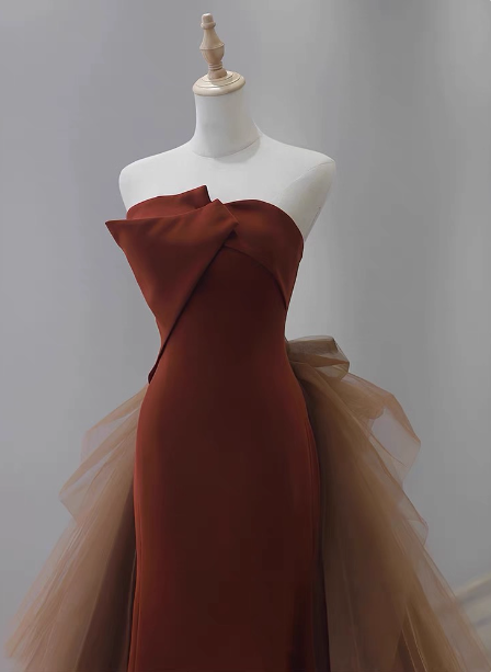 Elegant Caramel Brown Mermaid Strapless Tulle Satin Train Formal Prom Dress Secondary image