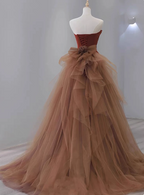 Elegant Caramel Brown Mermaid Strapless Tulle Satin Train Formal Prom Dress