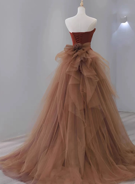Elegant Caramel Brown Mermaid Strapless Tulle Satin Train Formal Prom Dress