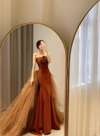 Elegant Caramel Brown Mermaid Strapless Tulle Satin Train Formal Prom Dress