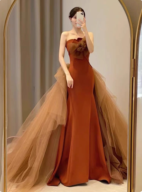 Elegant Caramel Brown Mermaid Strapless Tulle Satin Train Formal Prom Dress