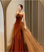 Elegant Caramel Brown Mermaid Strapless Tulle Satin Train Formal Prom Dress