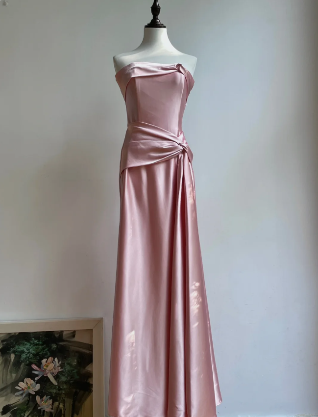 Elegant Champagne A-Line Strapless Twisted Satin Long Formal Prom Dress Bridesmaid Dress