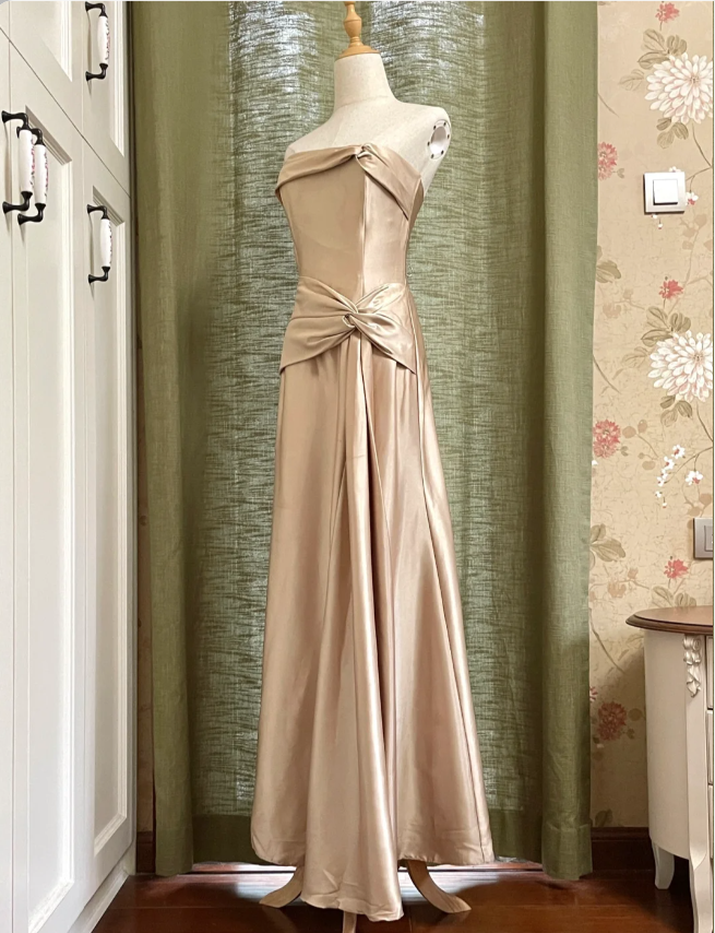 Elegant Champagne A-Line Strapless Twisted Satin Long Formal Prom Dress Bridesmaid Dress Secondary image