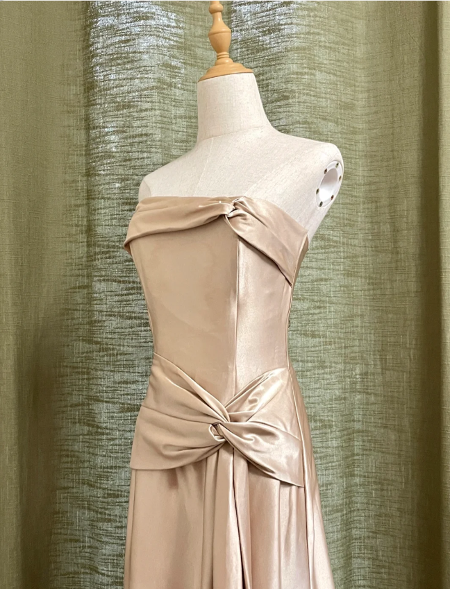 Elegant Champagne A-Line Strapless Twisted Satin Long Formal Prom Dress Bridesmaid Dress