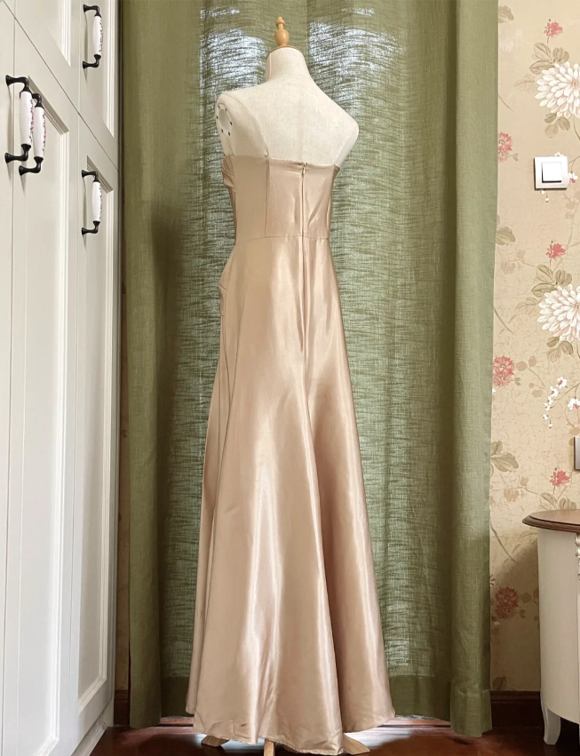 Elegant Champagne A-Line Strapless Twisted Satin Long Formal Prom Dress Bridesmaid Dress