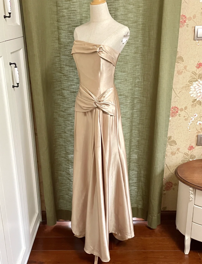 Elegant Champagne A-Line Strapless Twisted Satin Long Formal Prom Dress Bridesmaid Dress
