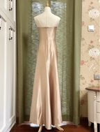 Elegant Champagne A-Line Strapless Twisted Satin Long Formal Prom Dress Bridesmaid Dress