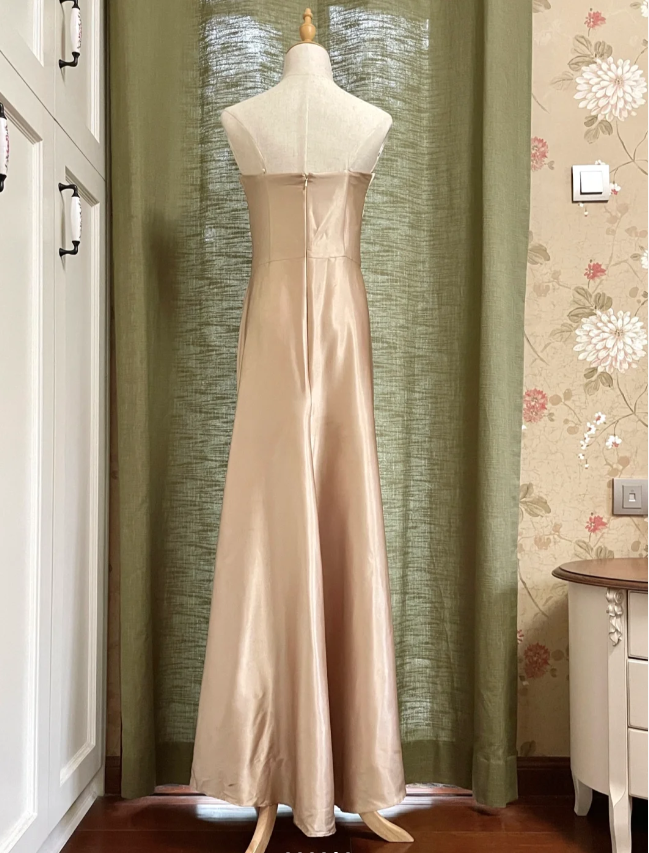Elegant Champagne A-Line Strapless Twisted Satin Long Formal Prom Dress Bridesmaid Dress
