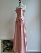 Elegant Champagne A-Line Strapless Twisted Satin Long Formal Prom Dress Bridesmaid Dress
