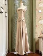 Elegant Champagne A-Line Strapless Twisted Satin Long Formal Prom Dress Bridesmaid Dress