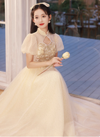 Elegant Champagne Apricot A-Line Puff Sleeve Embroidered Tulle Long Formal Prom Dress