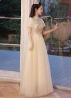 Elegant Champagne Apricot A-Line Puff Sleeve Embroidered Tulle Long Formal Prom Dress