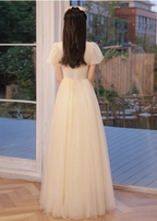 Elegant Champagne Apricot A-Line Puff Sleeve Embroidered Tulle Long Formal Prom Dress