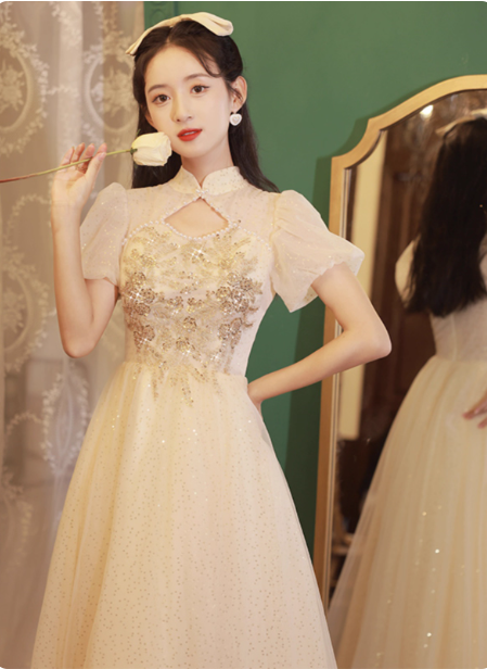 Elegant Champagne Apricot A-Line Puff Sleeve Embroidered Tulle Long Formal Prom Dress