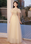 Elegant Champagne Apricot A-Line Puff Sleeve Embroidered Tulle Long Formal Prom Dress