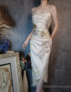 Elegant Champagne Fitted Spaghetti Strap Beaded Embroidered Satin Formal Prom Dress