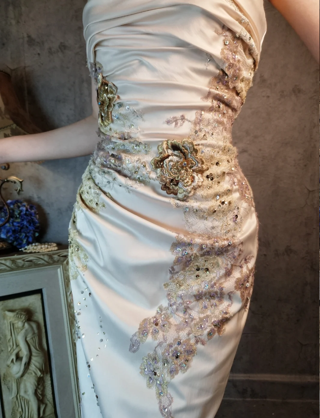 Elegant Champagne Fitted Spaghetti Strap Beaded Embroidered Satin Formal Prom Dress
