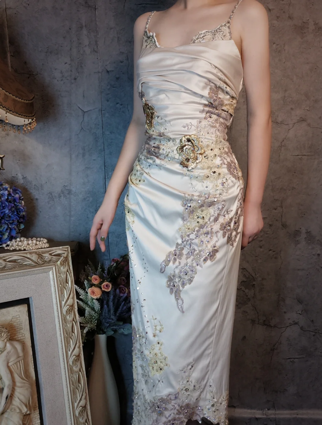 Elegant Champagne Fitted Spaghetti Strap Beaded Embroidered Satin Formal Prom Dress