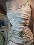 Elegant Champagne Fitted Spaghetti Strap Beaded Embroidered Satin Formal Prom Dress