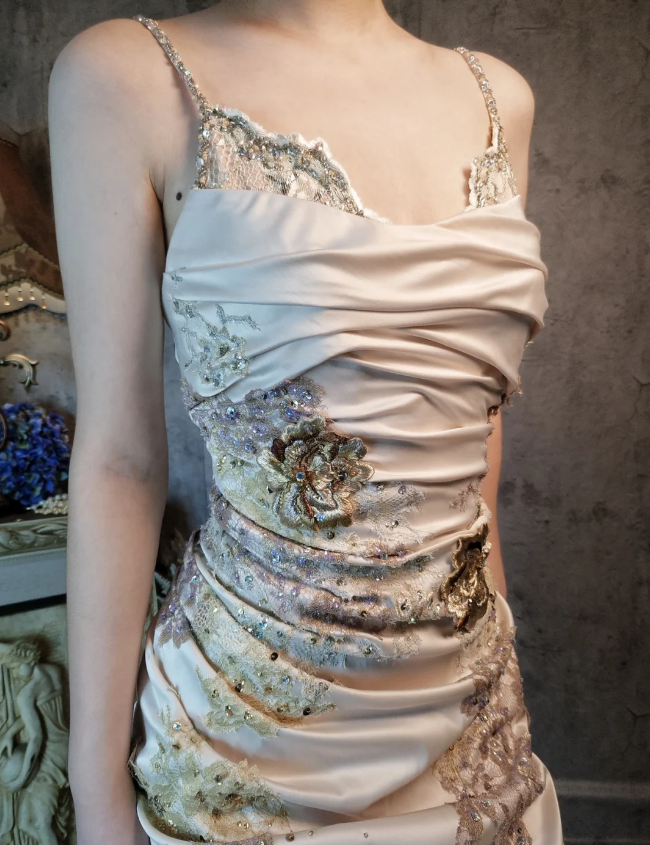 Elegant Champagne Fitted Spaghetti Strap Beaded Embroidered Satin Formal Prom Dress