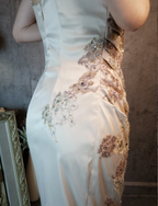 Elegant Champagne Fitted Spaghetti Strap Beaded Embroidered Satin Formal Prom Dress