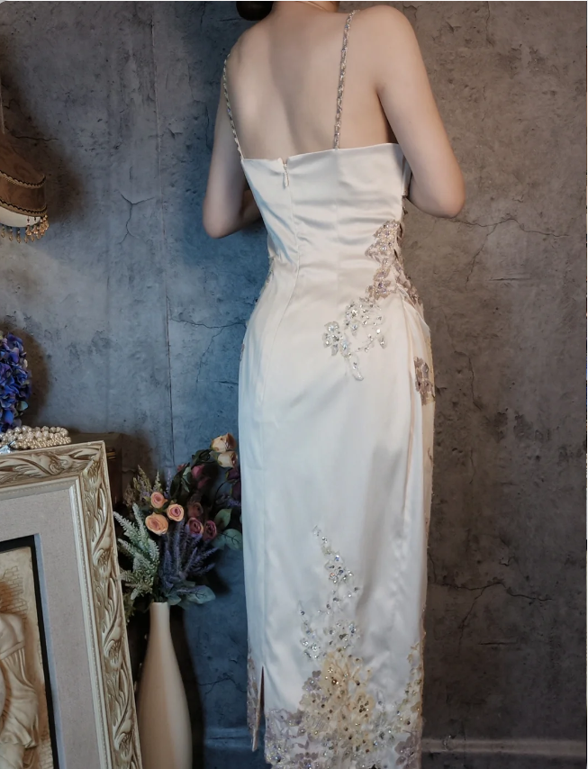 Elegant Champagne Fitted Spaghetti Strap Beaded Embroidered Satin Formal Prom Dress