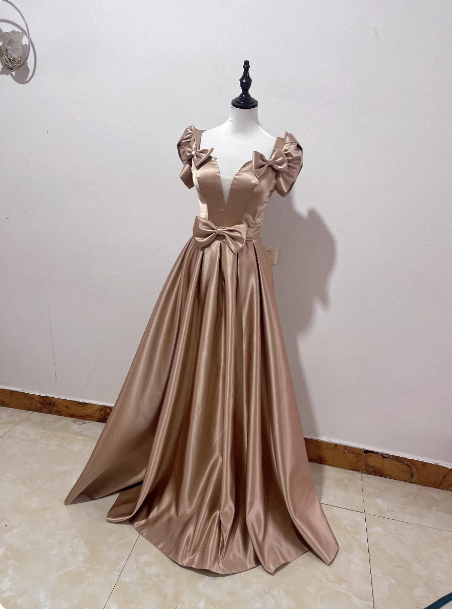 Elegant Champagne Gold Deep V-Neck Bow Satin Long Formal Prom Dress