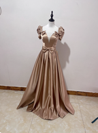 Elegant Champagne Gold Deep V-Neck Bow Satin Long Formal Prom Dress