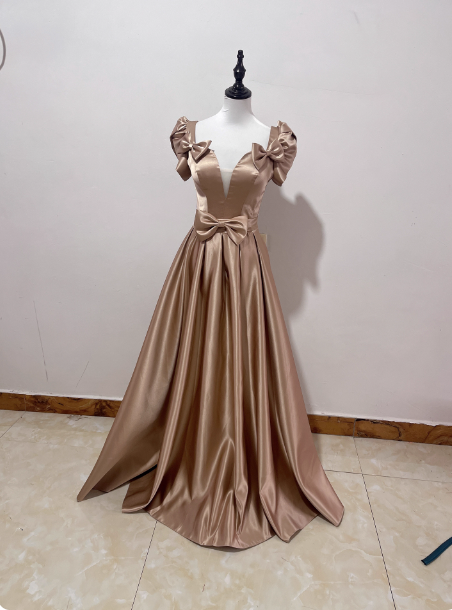 Elegant Champagne Gold Deep V-Neck Bow Satin Long Formal Prom Dress
