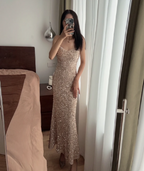 Elegant Champagne Gold Mermaid Halter V-Neck Sequined Long Formal Prom Dress