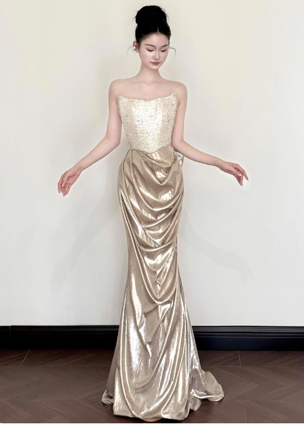 Elegant Champagne Gold Mermaid Strapless Ruffled Satin Train Formal Prom Dress Secondary image