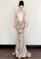Elegant Champagne Gold Mermaid Strapless Ruffled Satin Train Formal Prom Dress
