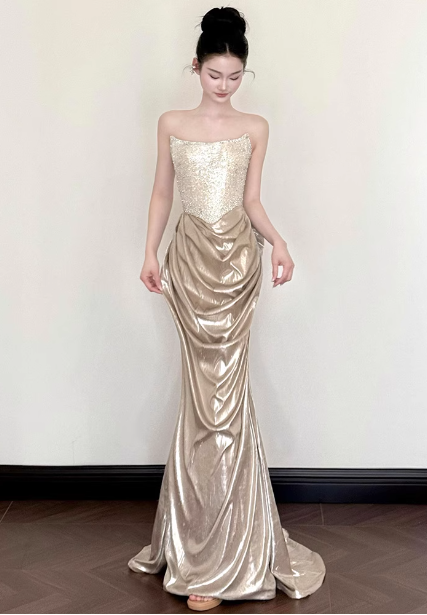 Elegant Champagne Gold Mermaid Strapless Ruffled Satin Train Formal Prom Dress