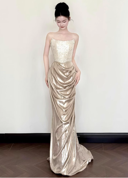 Elegant Champagne Gold Mermaid Strapless Ruffled Satin Train Formal Prom Dress Main image