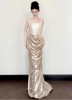 Elegant Champagne Gold Mermaid Strapless Ruffled Satin Train Formal Prom Dress