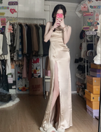 Elegant Champagne High-Slit Satin Long Formal Prom Dress