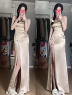 Elegant Champagne High-Slit Satin Long Formal Prom Dress