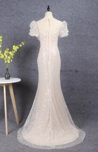 Elegant Champagne Mermaid Puff Sleeve Sequin Train Formal Prom Dress Secondary image