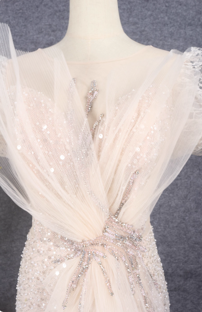 Elegant Champagne Mermaid Puff Sleeve Sequin Train Formal Prom Dress