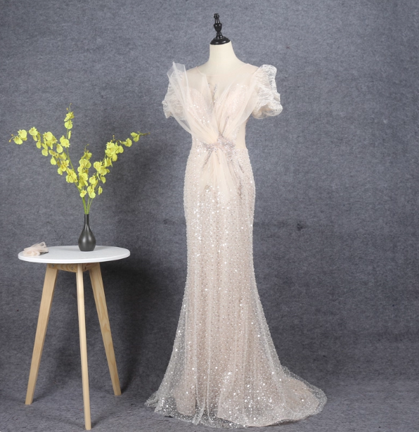 Elegant Champagne Mermaid Puff Sleeve Sequin Train Formal Prom Dress