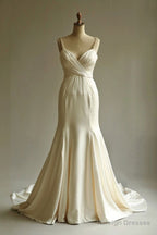 Elegant Champagne Mermaid Satin V-Neck Prom Dresses Long Spaghetti Strap Beaded Wedding Dresses