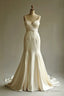 Elegant Champagne Mermaid Satin V-Neck Prom Dresses Long Spaghetti Strap Beaded Wedding Dresses