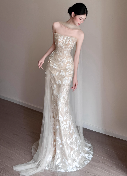 Elegant Champagne Mermaid Strapless Petal Tulle Long Formal Prom Dress Secondary image
