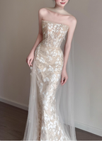 Elegant Champagne Mermaid Strapless Petal Tulle Long Formal Prom Dress