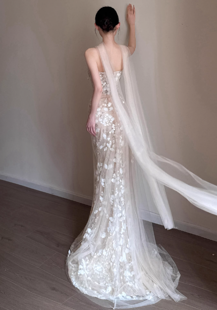 Elegant Champagne Mermaid Strapless Petal Tulle Long Formal Prom Dress